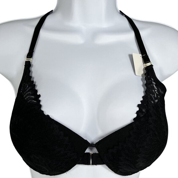 Rene Rofe NWT 36C Black Lace Extreme Push-Up Bra Gold Hardware Coquette Vampy - Picture 1 of 14